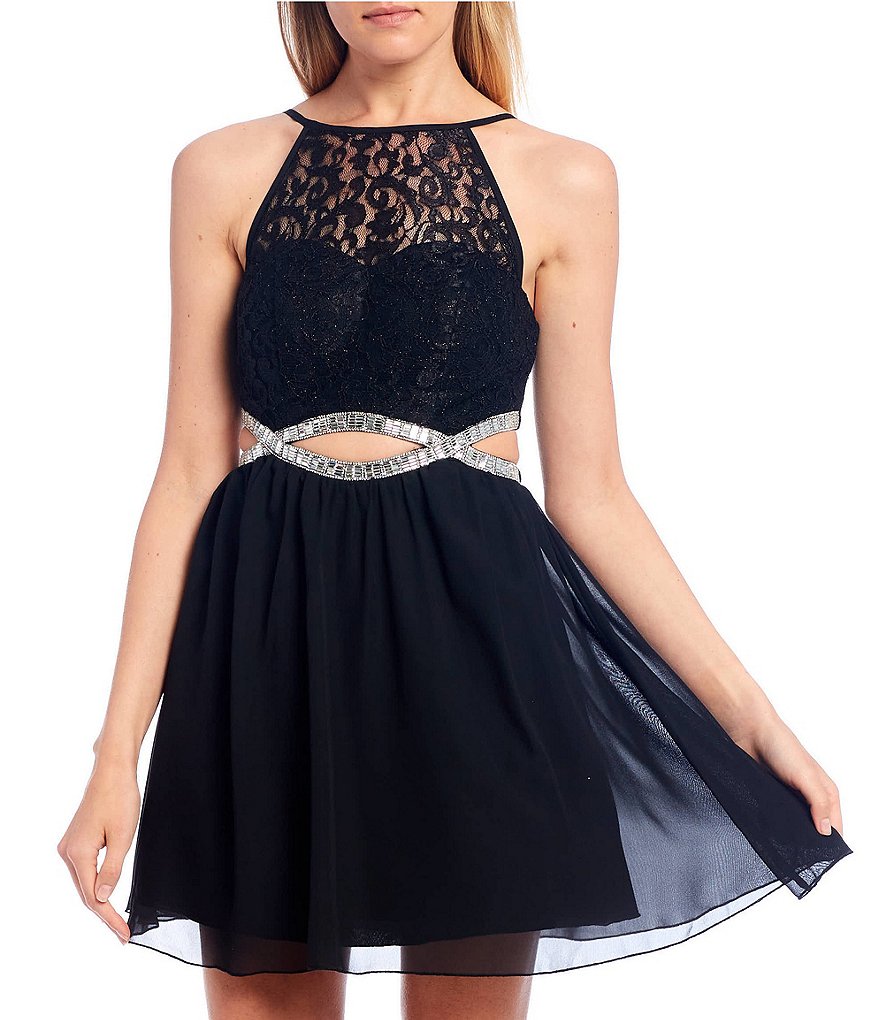 Xtraordinary Lace Bodice Beaded Infinity Waist Fit-and-Flare Dress