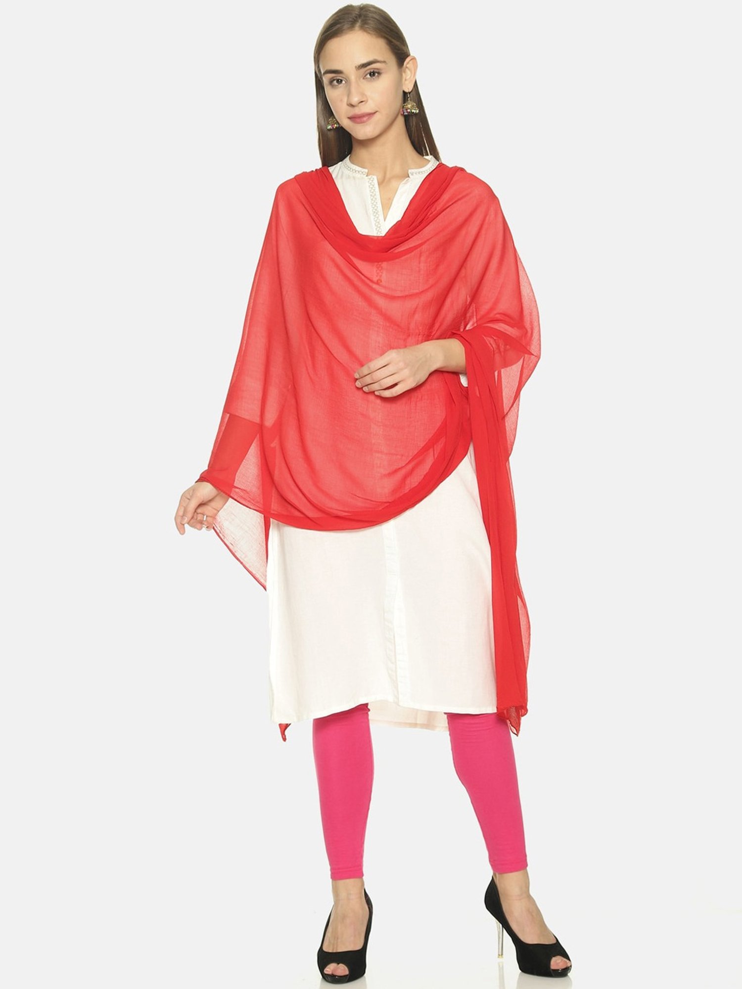 TWIN BIRDS Black & Red Plain Dupatta - Pack Of 2