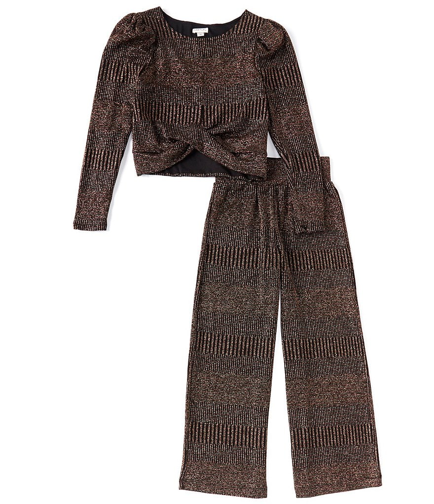 Habitual Big Girls 7-16 Camille Long-Sleeve Striped Metallic-Knit Top & Wide-Leg Pant Set