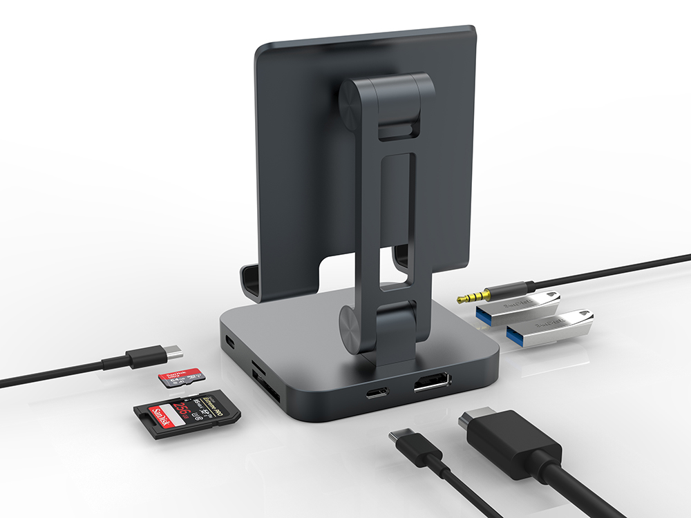 Upgraded USB C Hub Stand, FOXDOCK iPad Pro Dock Station Adapter Dongle with 4K HDMI, PD Charging, SD/Micro SD Card Reader, USB 3.0 & 3.5mm Headphone Jack for iPad Pro 11 12.9 Samsung Galaxy Tab S4,S5e