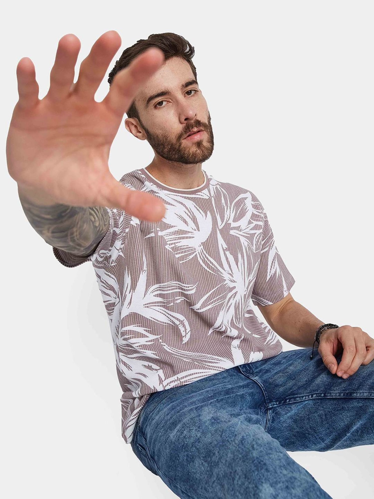 Octave Purple Cotton Regular Fit Floral Print T-Shirt