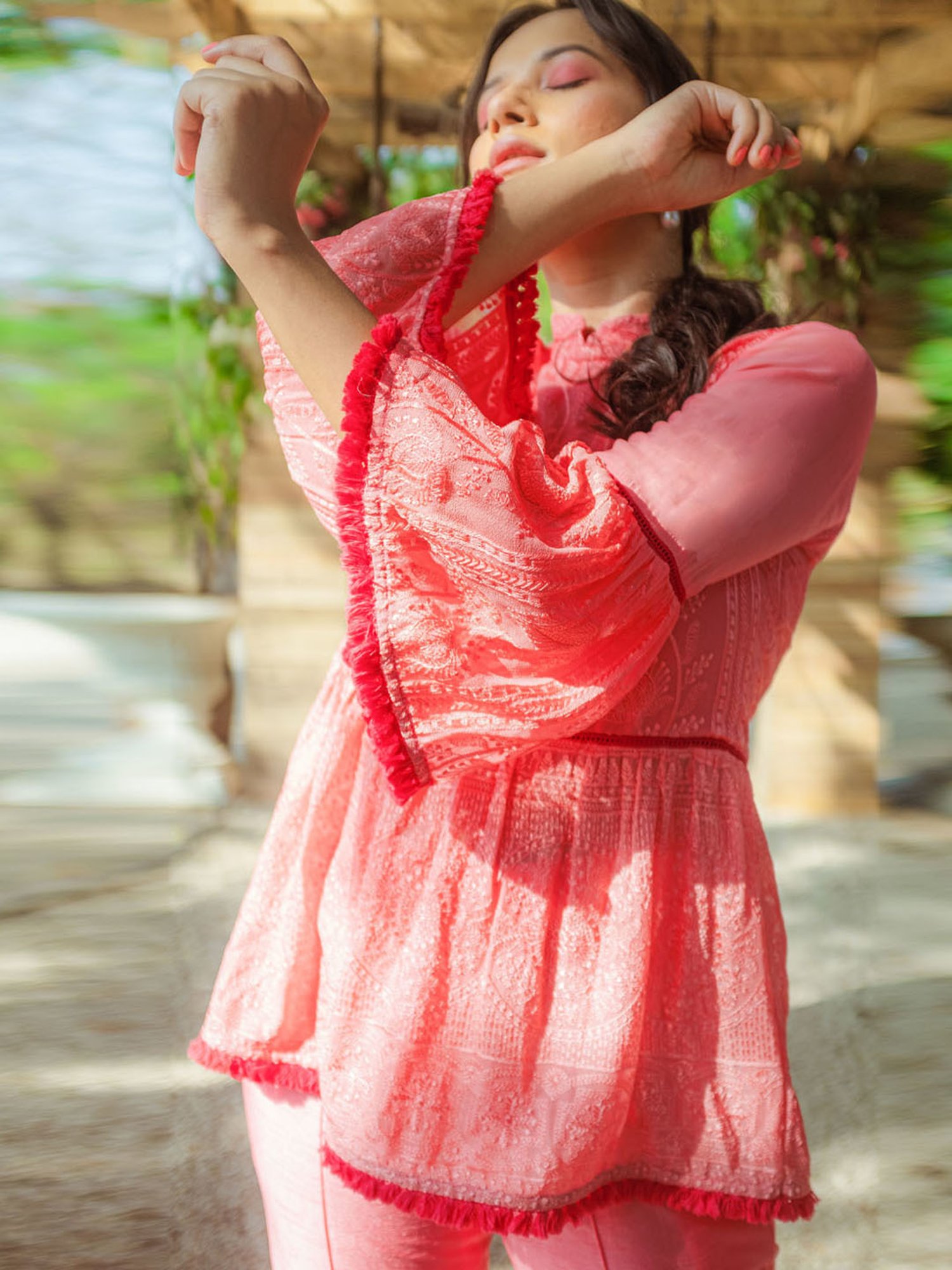 Monk and Mei Nazm Flared Chikankari Top & Pants- Peachy Melon