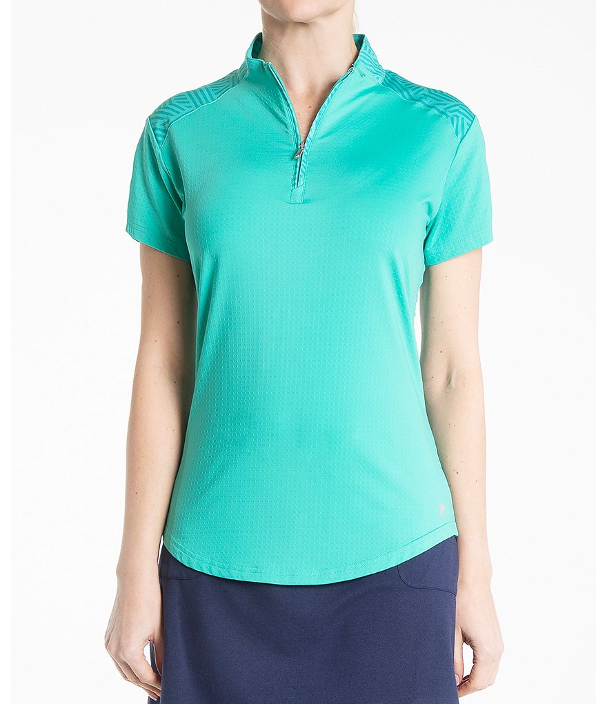 Bette & Court Short Sleeve Jacquard Print Block Funnel Neck Polo Top