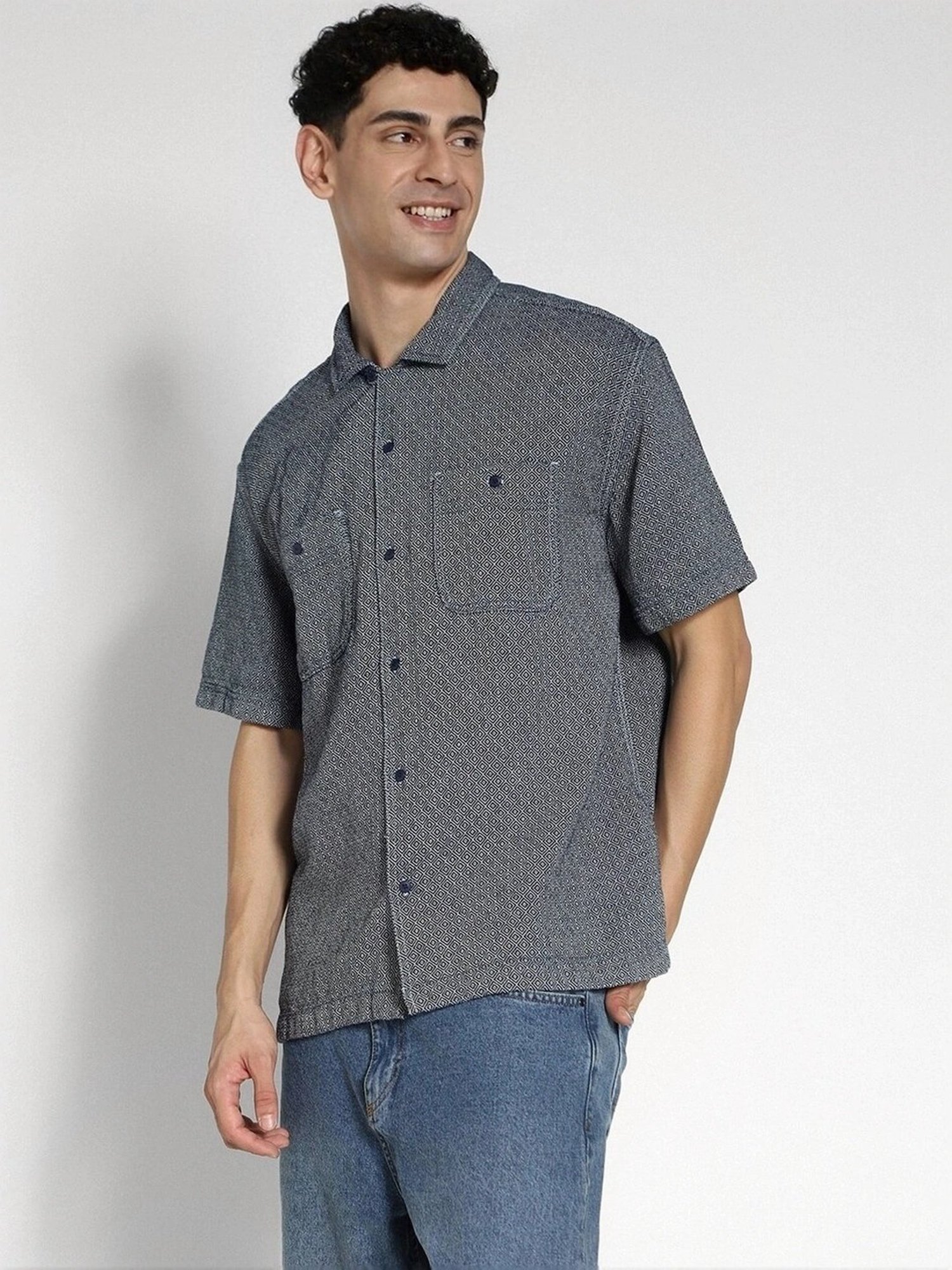 American Eagle Navy Cotton Regular Fit Printed Shirt