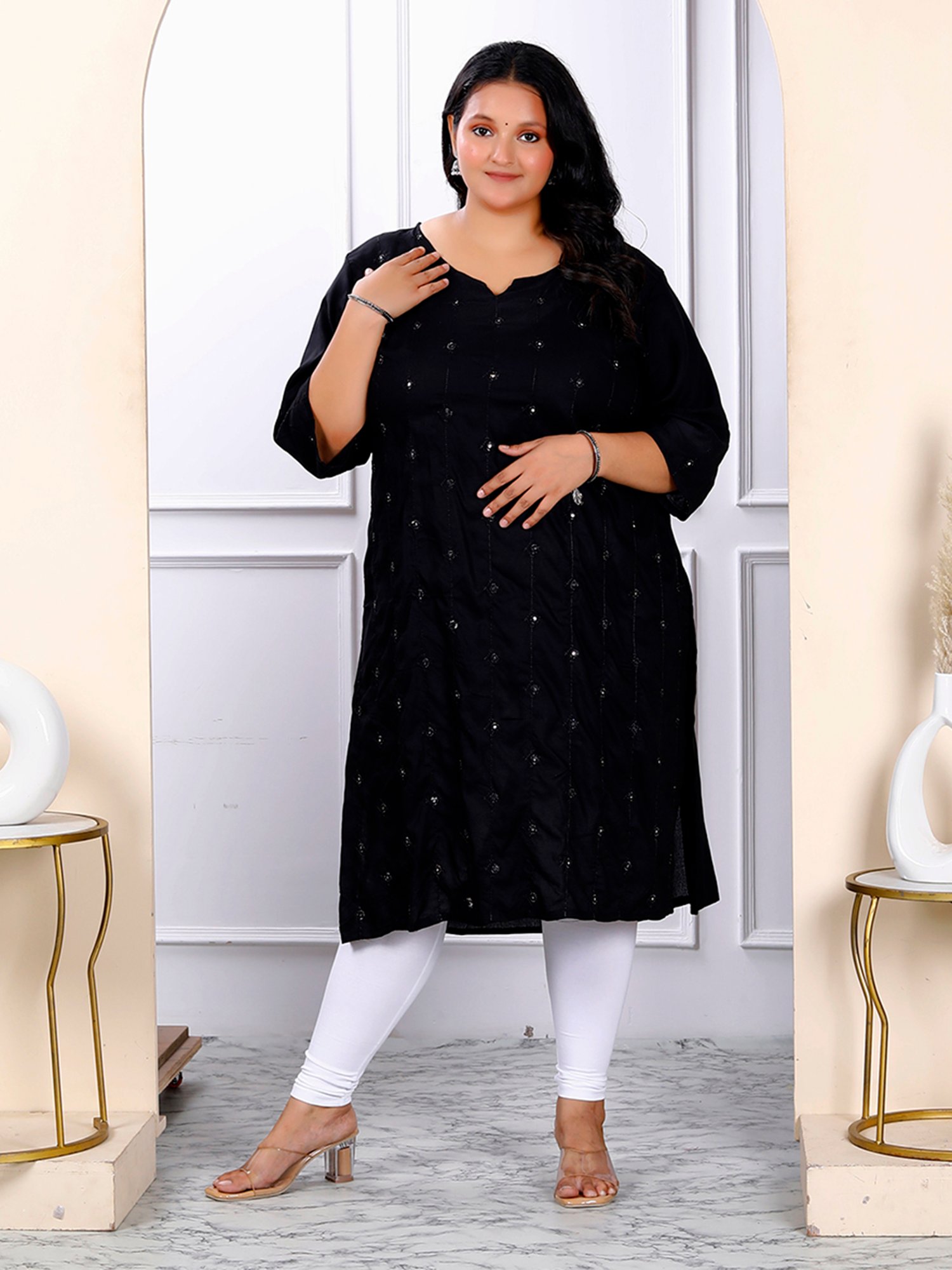 Miravan Black Embroidered Straight Plus Size Kurti