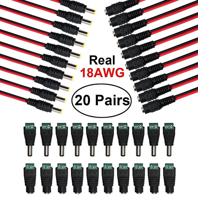 Real 18AWG 43x2pcs Strands 10 Pairs DC Power Pigtail Cable 12V 5A Male amp Female + 10 Pairs DC Power Jack Plug Adapter Connector for CCTV Home Security Surveillance by  21mm x 55mm