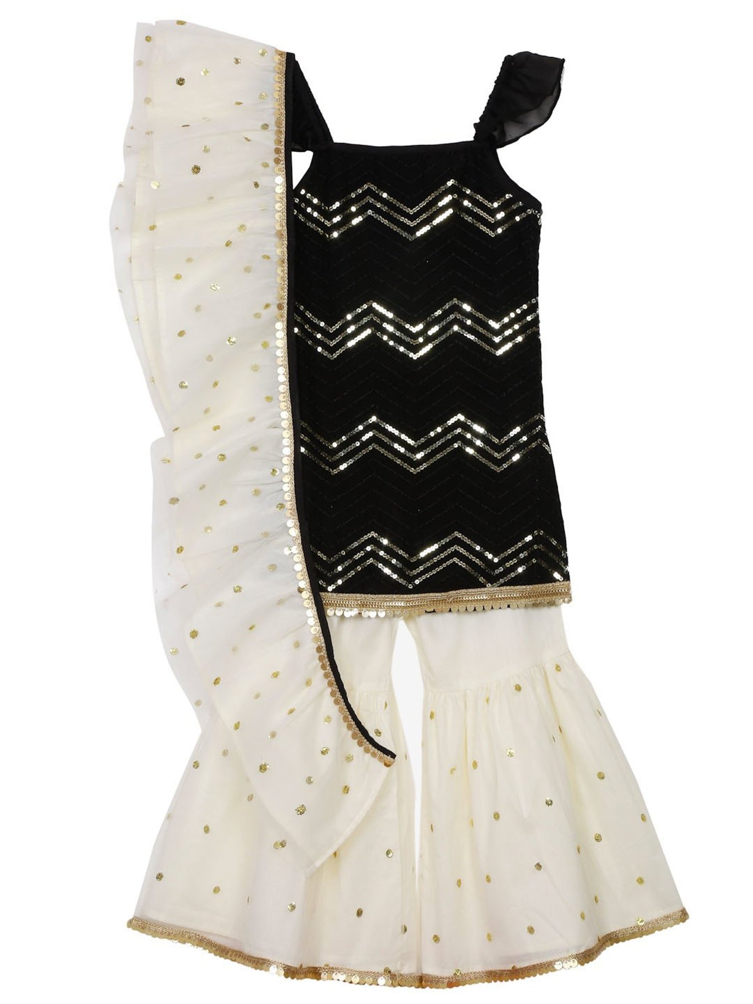 Saka Designs Kids Black & Cream Embellished Kurta with Sharara & Dupatta