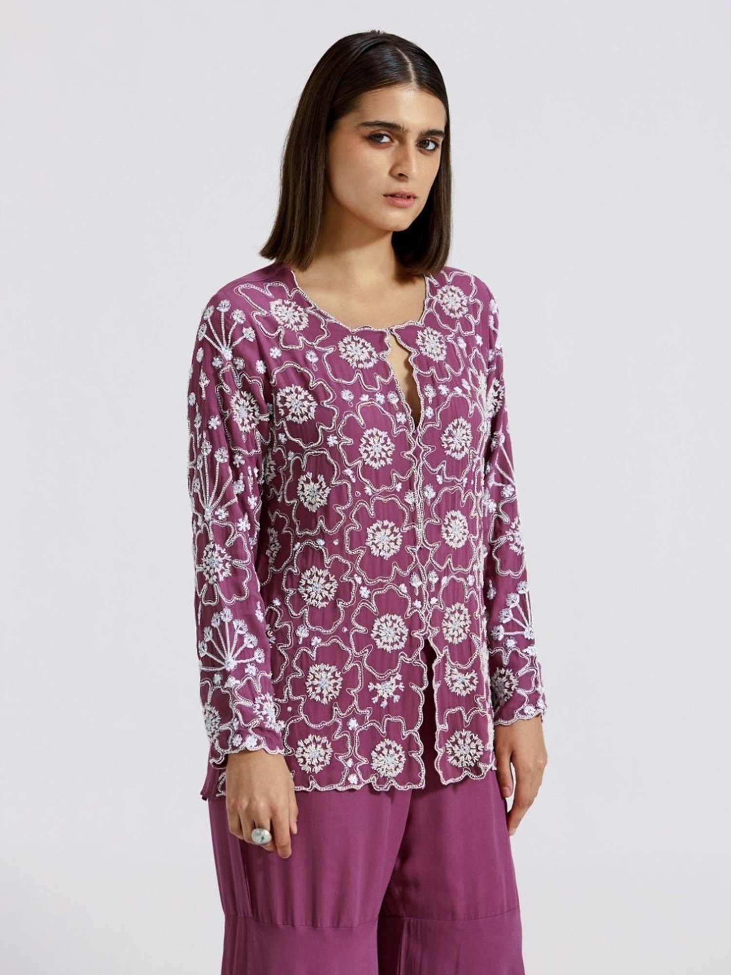 Basanti Kapde aur Koffee Mauve Evolve Embroidered Jacket Style Kurta with Gharara Co-ord Set