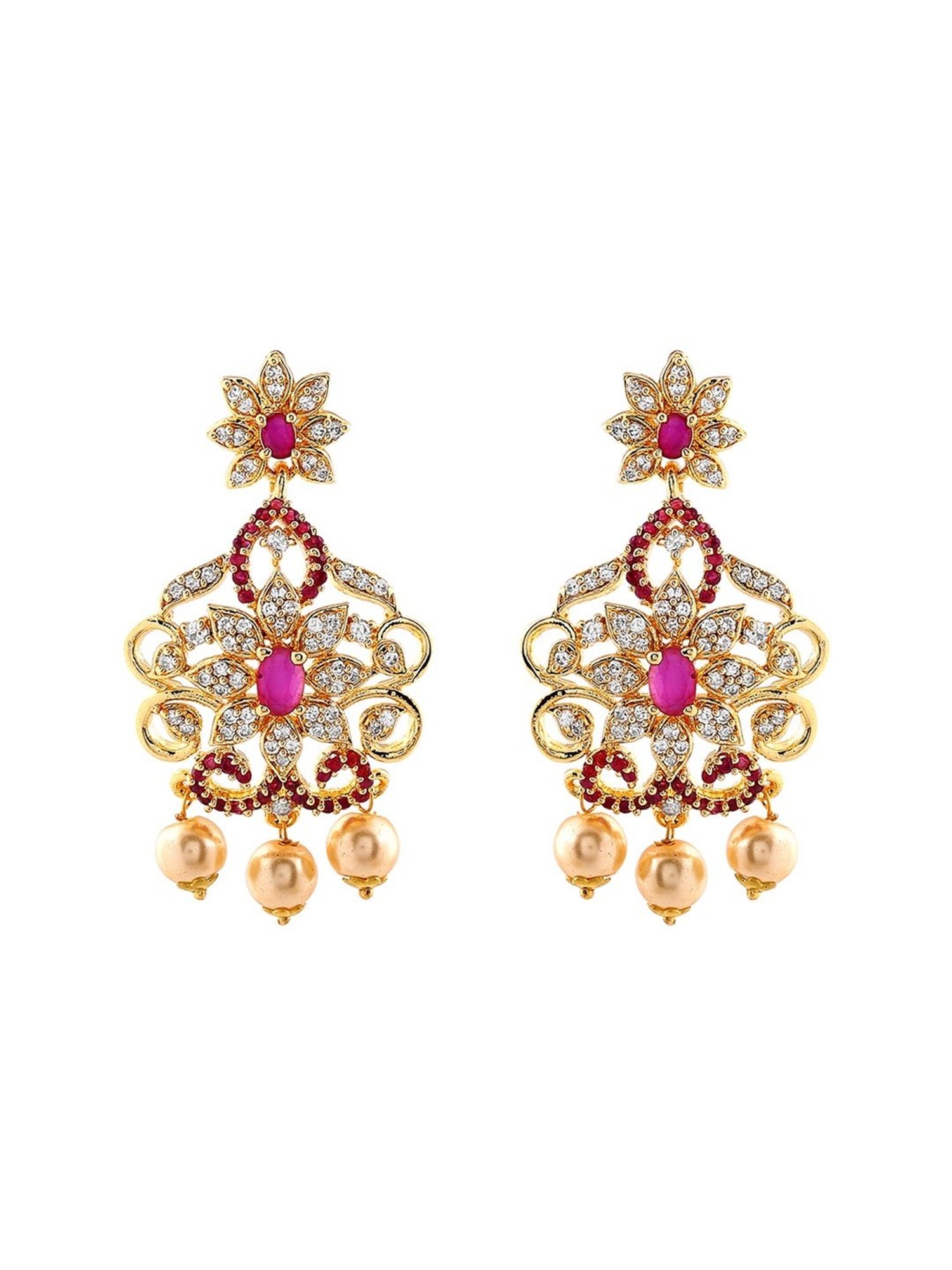 Estele Gold-Plated CZ Bridal Choker Necklace Set with Red Crystals & Pearls For Women