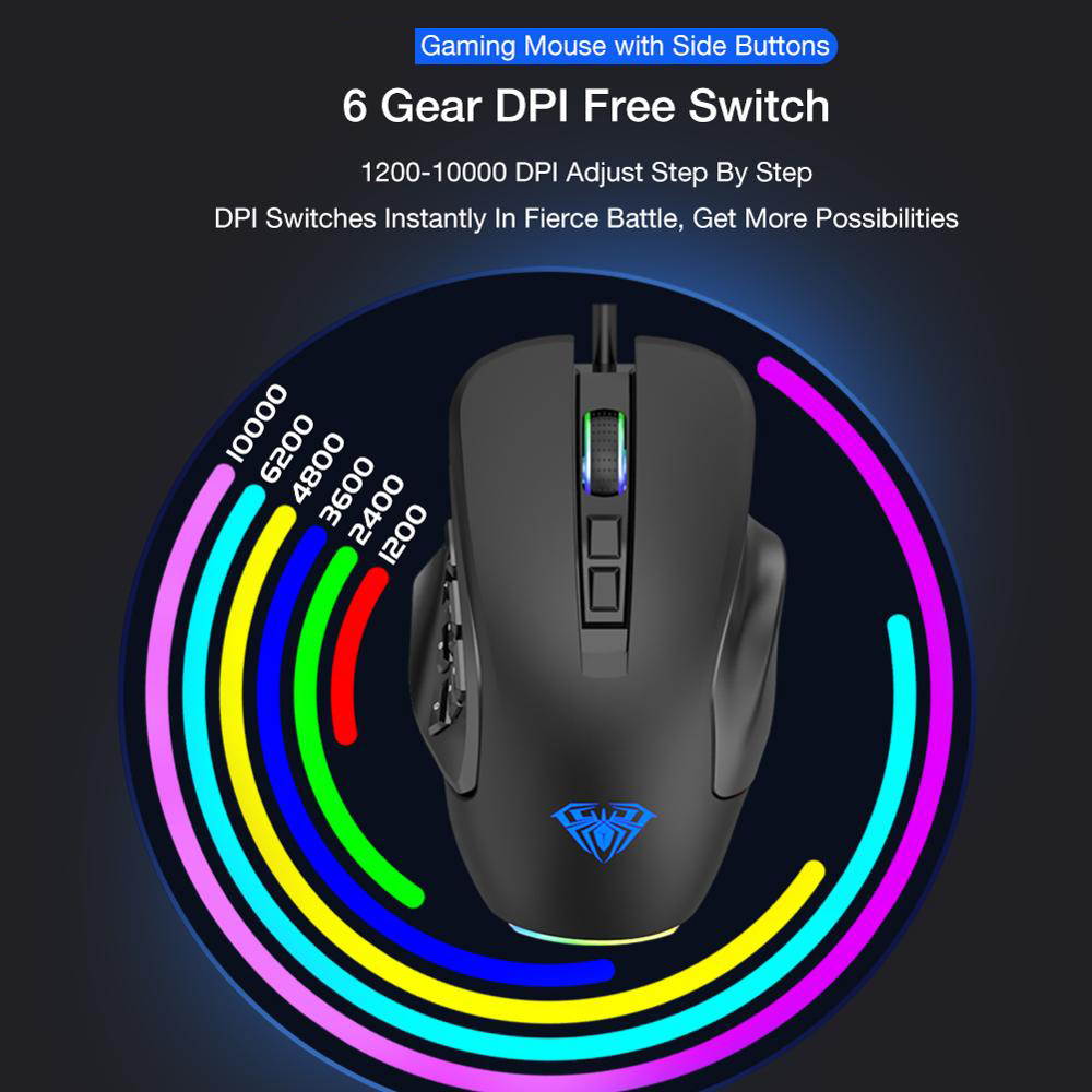 Wired RGB Gaming Mouse with 14-Programmable-Buttons, 4 Interchangeable Side Plate, 10000 DPI Optical Sensor Ergonomic Mouse for Laptop/PC Gamer