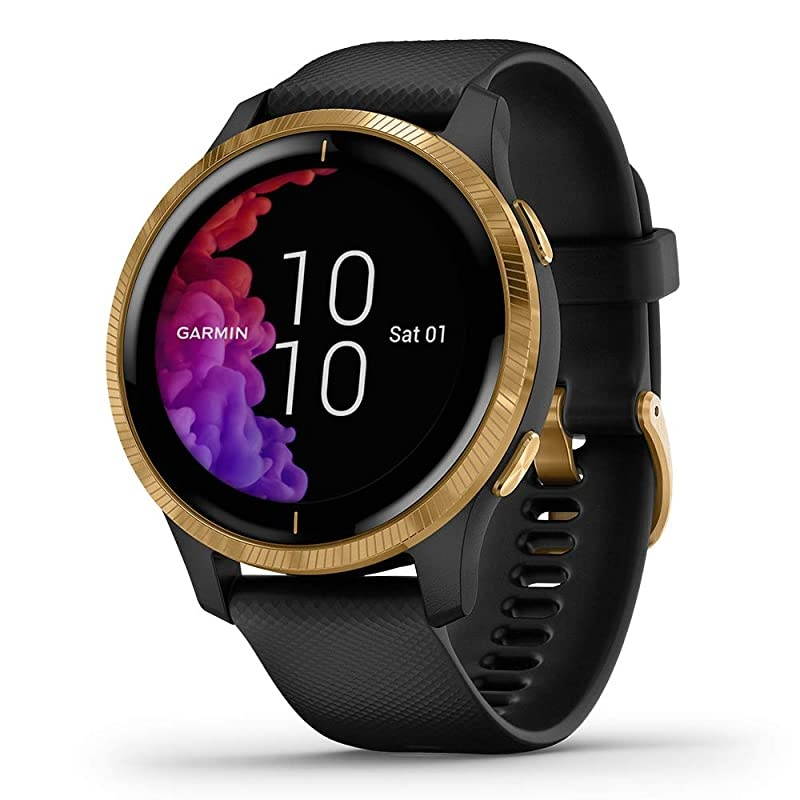 Garmin Venu (Black/Gold) Power Bundle | +HD Screen Protectors (x4) &  Portable Charger | AMOLED Display, Spotify | Fitness GPS Smartwatch