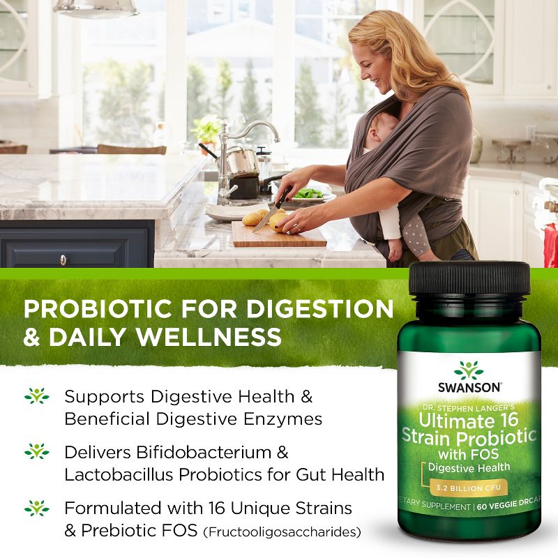 Swanson Dr. Stephen Langer's Ultimate 16 Strain Probiotic with Prebiotic Fos Vegetable Capsules, 3.2 Billion Cfu, 60 Count.