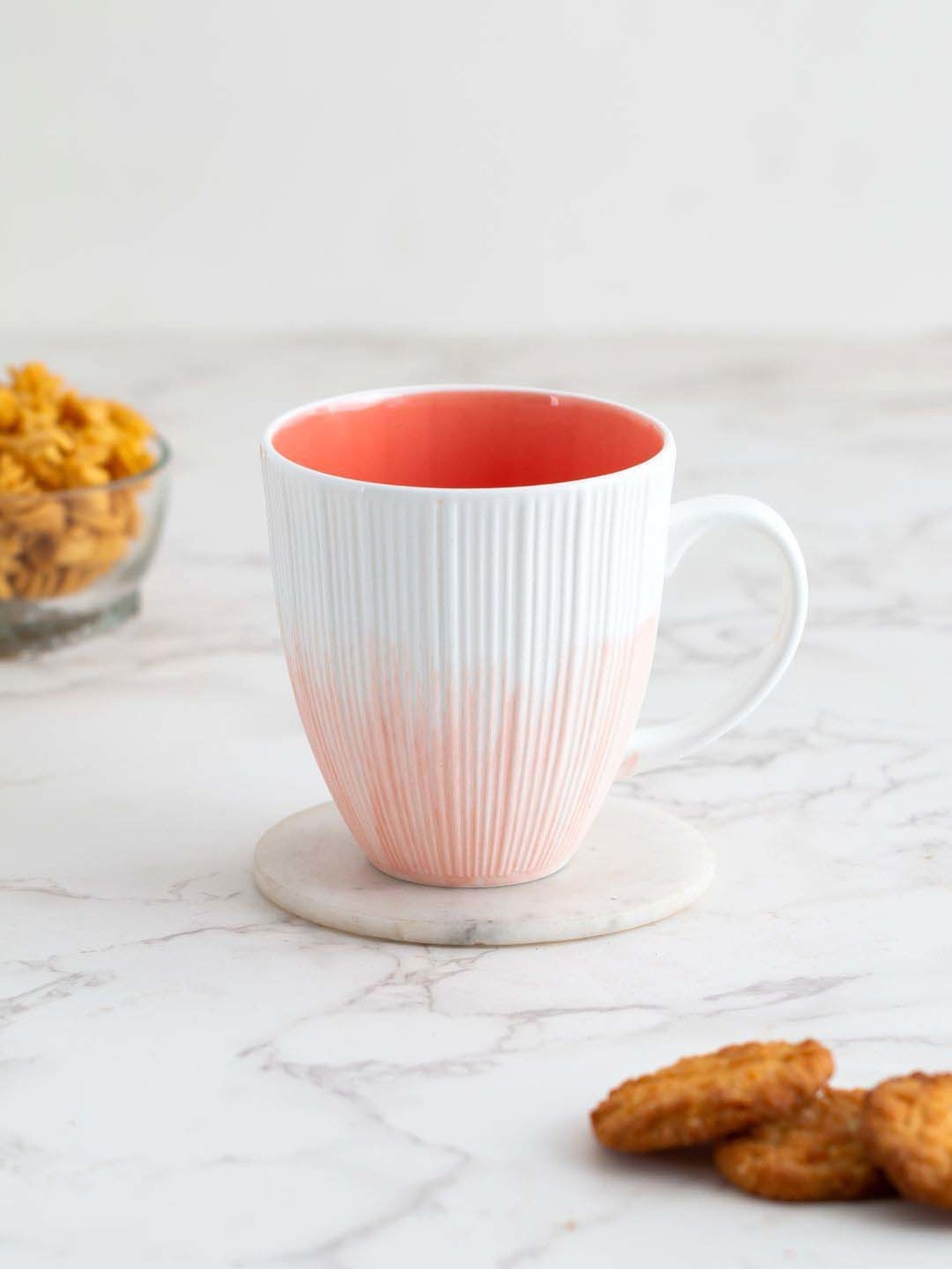 Clay Craft White & Peach Ceramic Milk Mug (0.35 L)