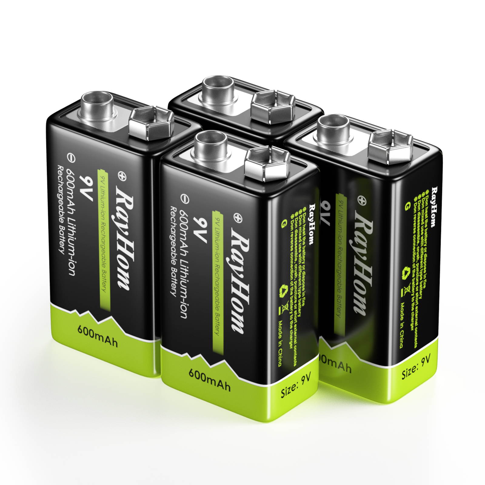 RayHom 9 Volt Rechargeable Batteries Lithium ion 9V 600mAh Li-ion Batteries (4-Pack)