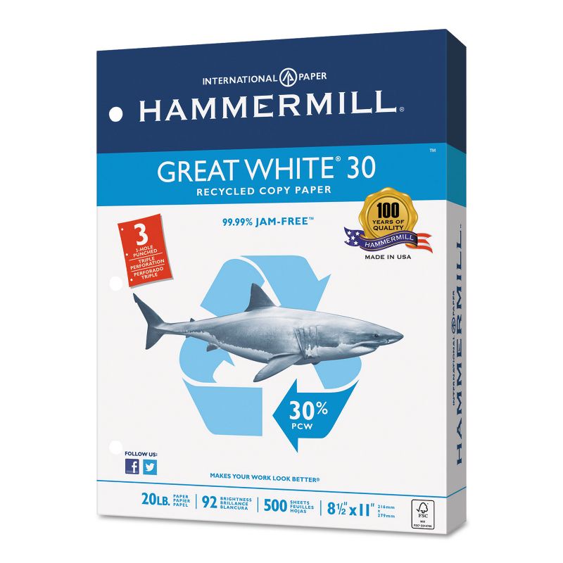Hammermill Great White Recycled Copy 3-Hole Punched 92 Brightness 20lb Letter 5000/Ctn 86702