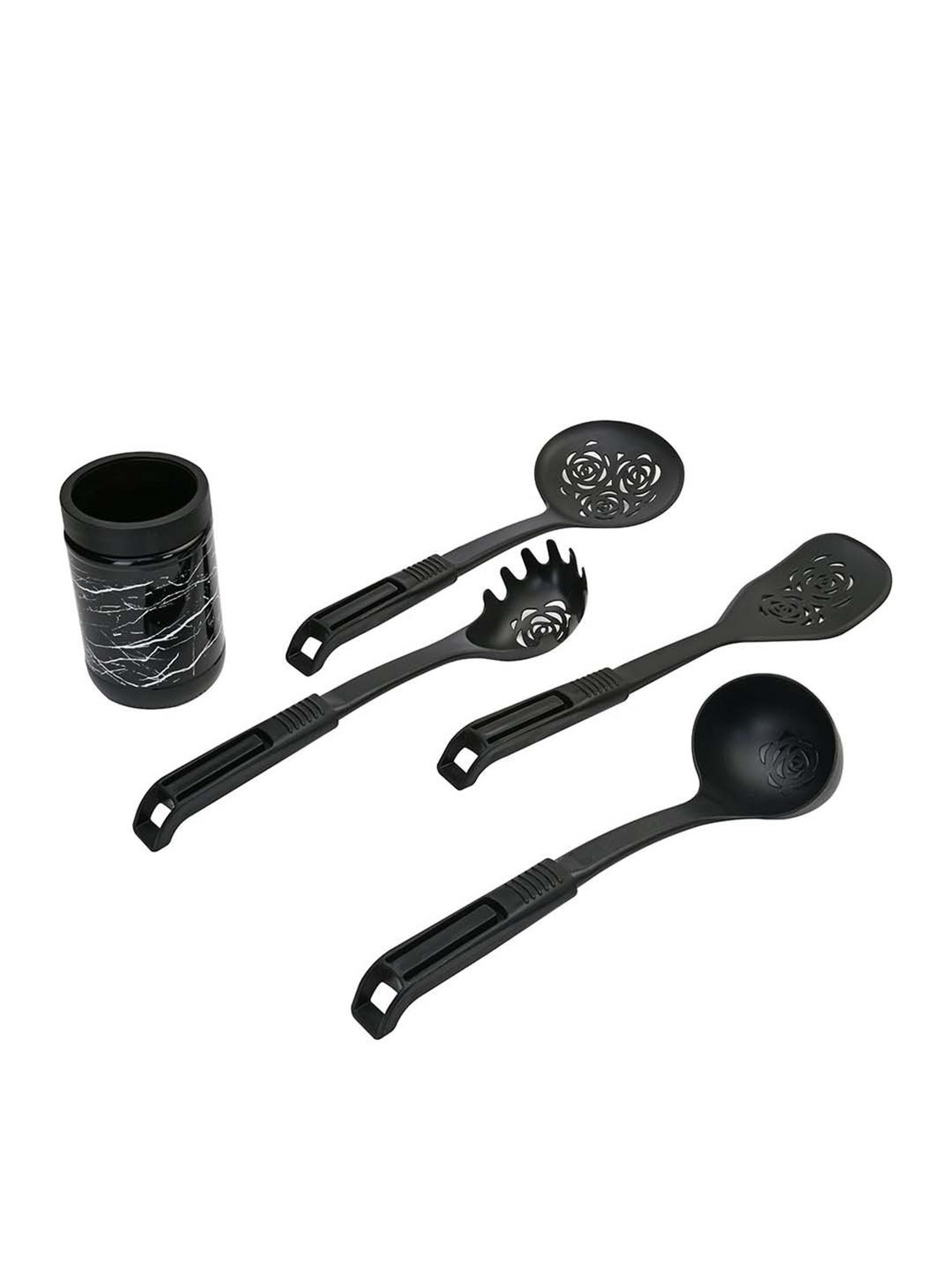 @home Nilkamal Black Polypropylene Kitchen Cooking And Serving Spoons & Jar - Set of 5