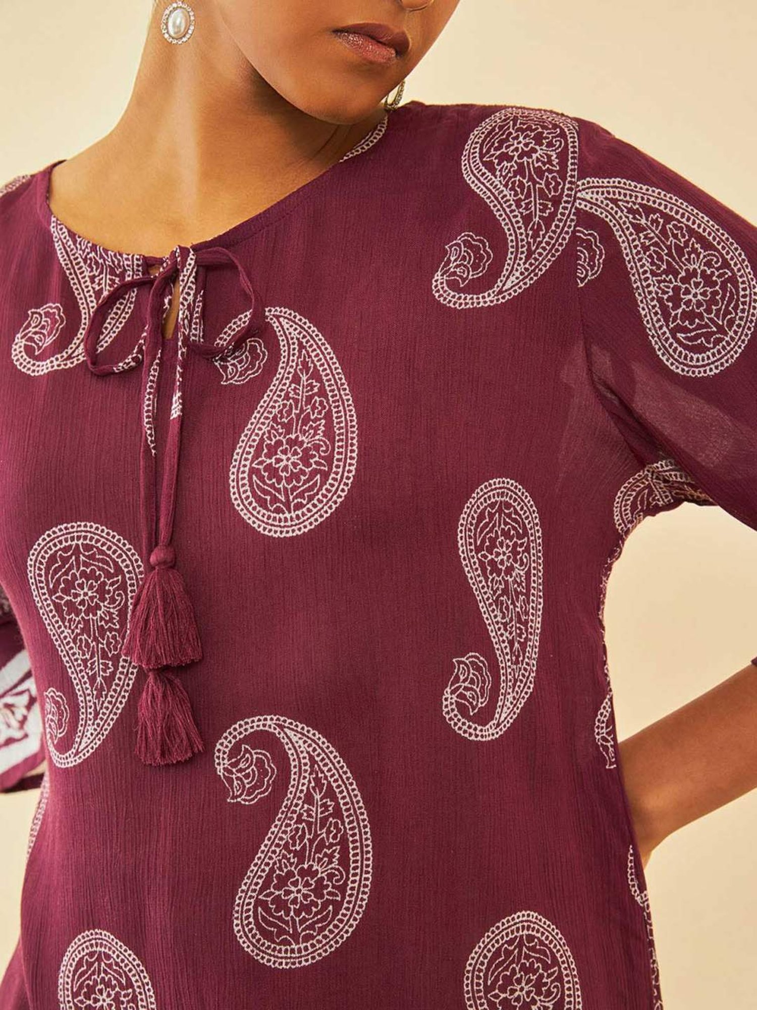 Soch Wine Crepe Paisley Printed Tunic With Tassels