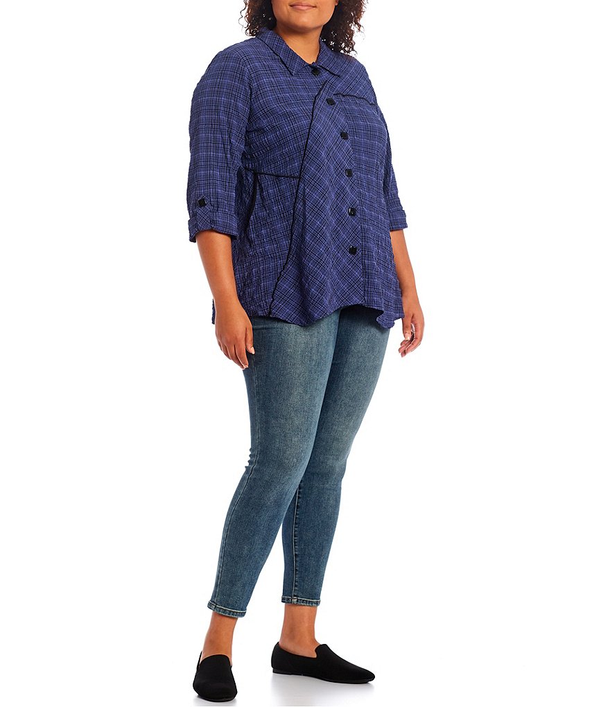 Ali Miles Plus Size Mixed Plaid Crinkle Woven 3/4 Roll-Tab Sleeve Point Collar Asymmetrical Panel Button Front Tunic