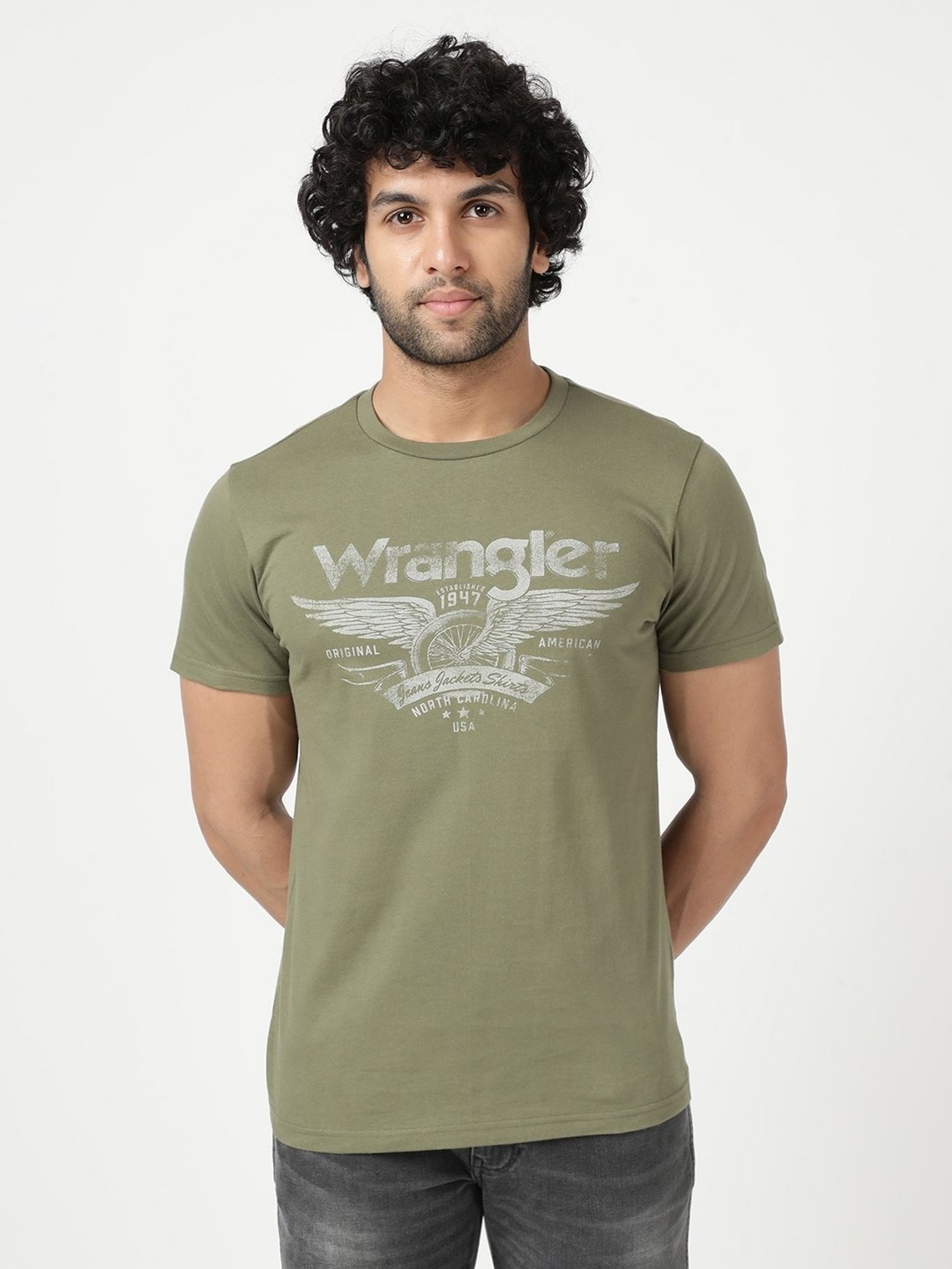 Wrangler Olive Cotton Regular Fit Printed T-Shirt