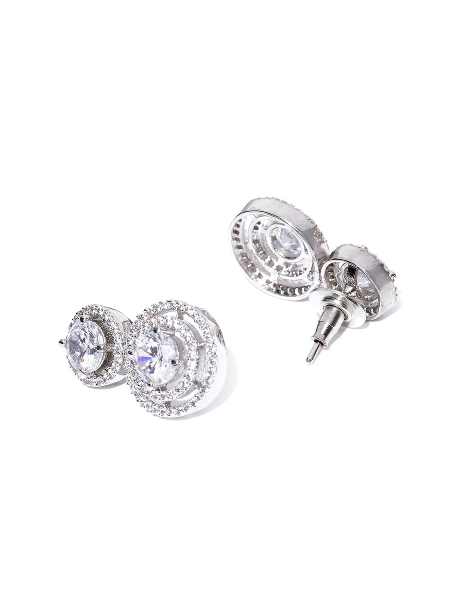 Priyaasi Rhodium-Plated American Diamond Studded Circular Drop Earrings