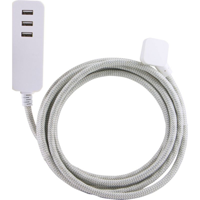 Cordinate USB Extension Cord with Surge 3 Ports 3.4A 10' Braided Cord Gray/White