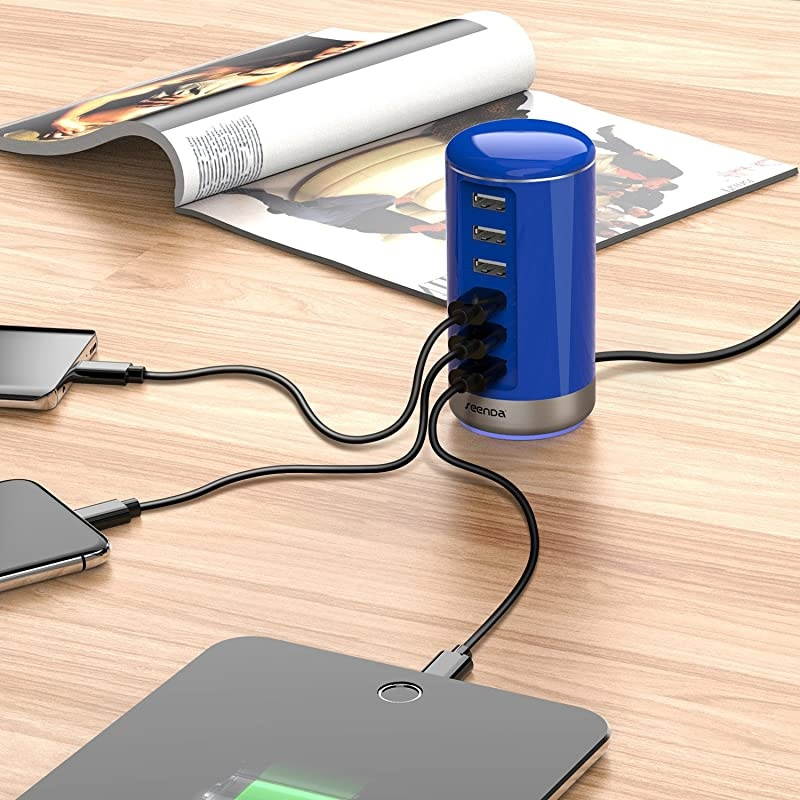 6 Port USB Charging Station  USB Desktop Charger with Smart Identification Blue