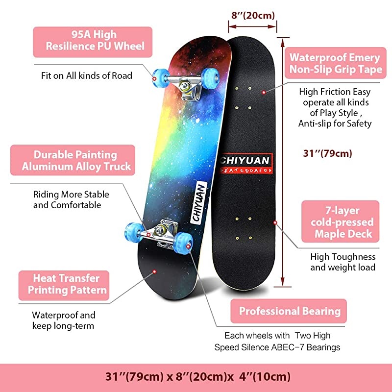 Complete Skateboards Standard Skateboards with Colorful Flashing Wheels for Beginners Starter Kids Boys Girls Teenager 31x 8Canadian Maple Cruiser Pro Skate Board Longboard Skateboards