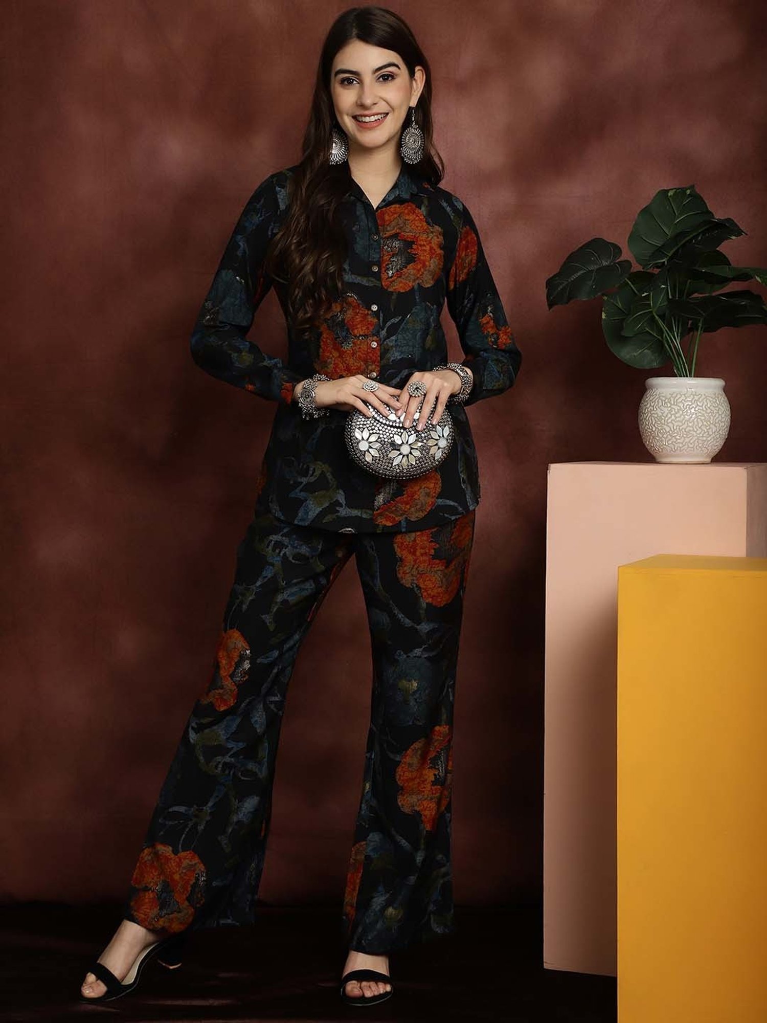Claura Navy Printed Shirt Pant Set