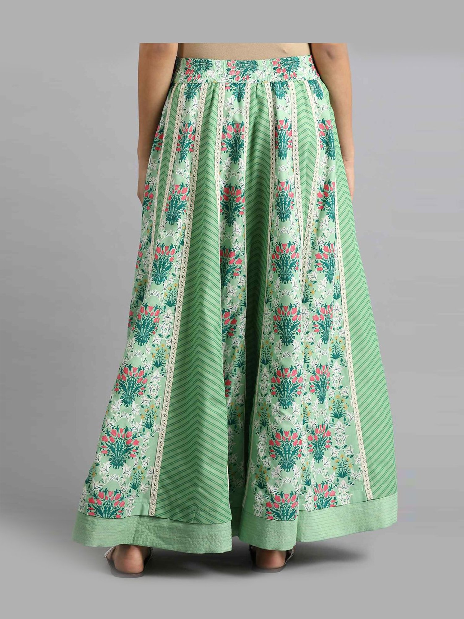 W Green Floral Print Lehenga Skirt