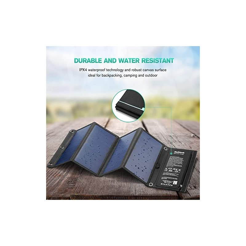 28W Foldable Portable Solar Charger with 2 USB Port, IPX4 Waterproof Hiking Camping Gear Sunpowered Charger Compatible with iPhone 12/11/11pro/Xs, iPad, MacBook, Samsung Galaxy, Camera etc.