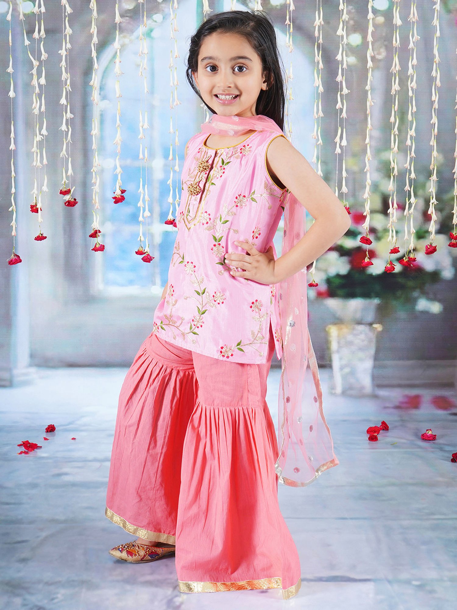 Little Bansi Kids Pink & Coral Embroidered Kurta, Gharara with Dupatta
