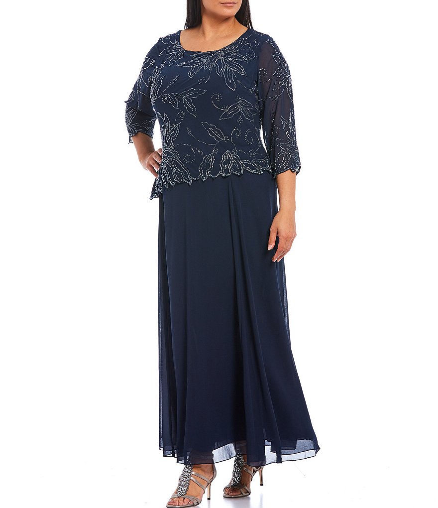 Jkara Plus Size 3/4 Sleeve Round Neck Beaded Bodice Gown