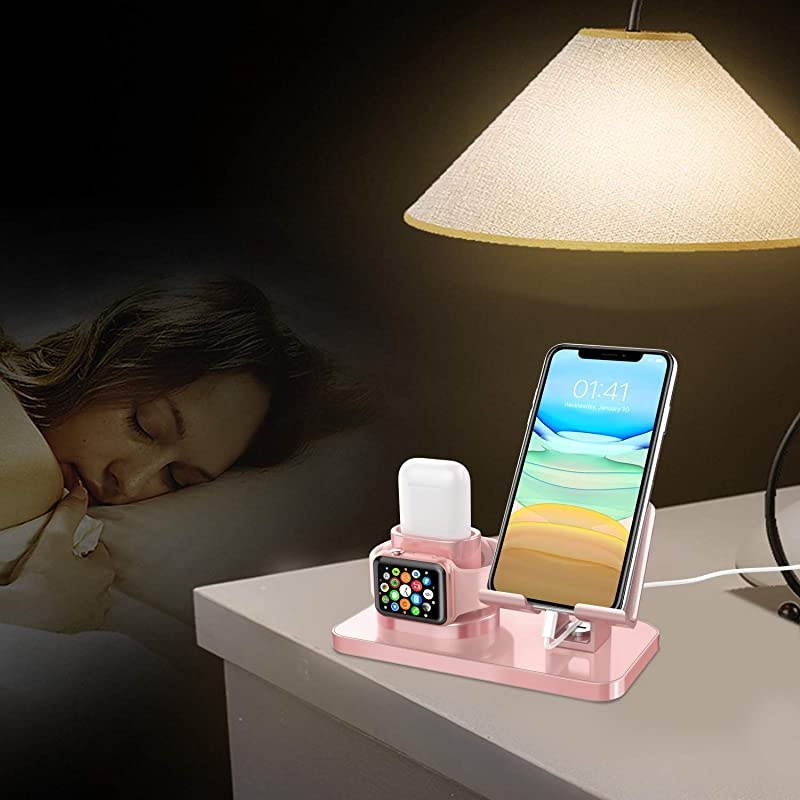 3 in 1 Charging Stand for Apple Watch Series 5432 Airpods 21 Compatible with iPhone 12 Pro 2020 11 SE XS MAX XR XS 8 7 6 6 Plus 5s iPad Tablet Stand Original Cable RequiredRose Gold