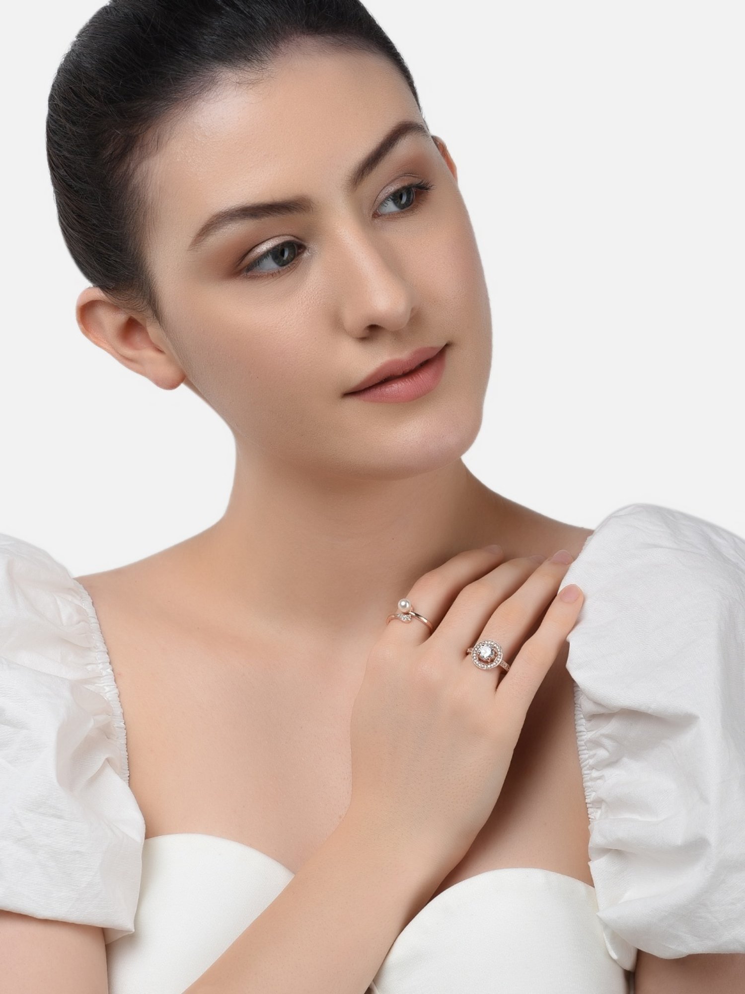 Zaveri Pears Set of 2 Rose Gold Contemporary Cubic Zirconia Brass Cocktail Ring - ZPFK11188