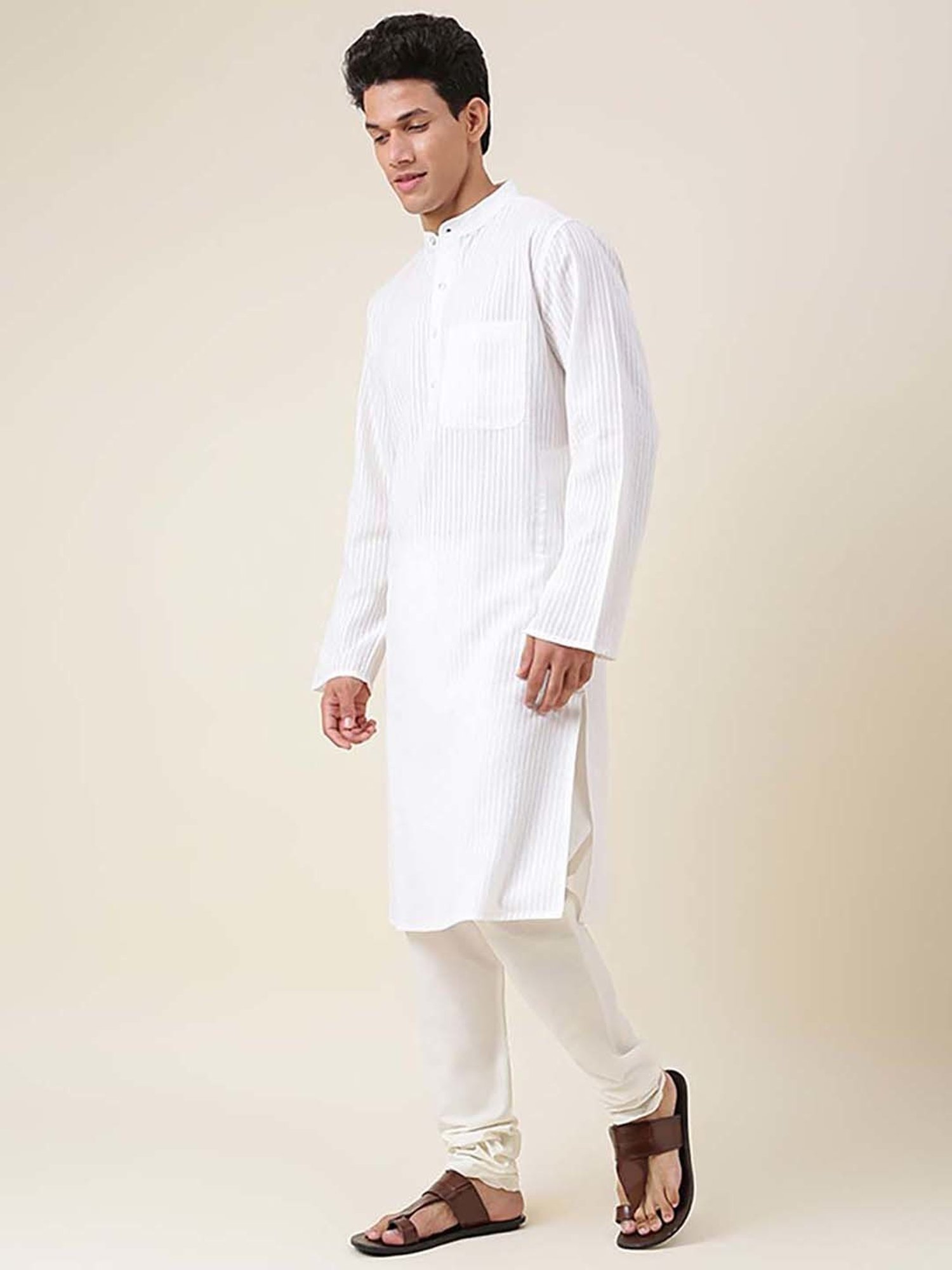 Fabindia White Cotton Regular Fit Striped Kurta