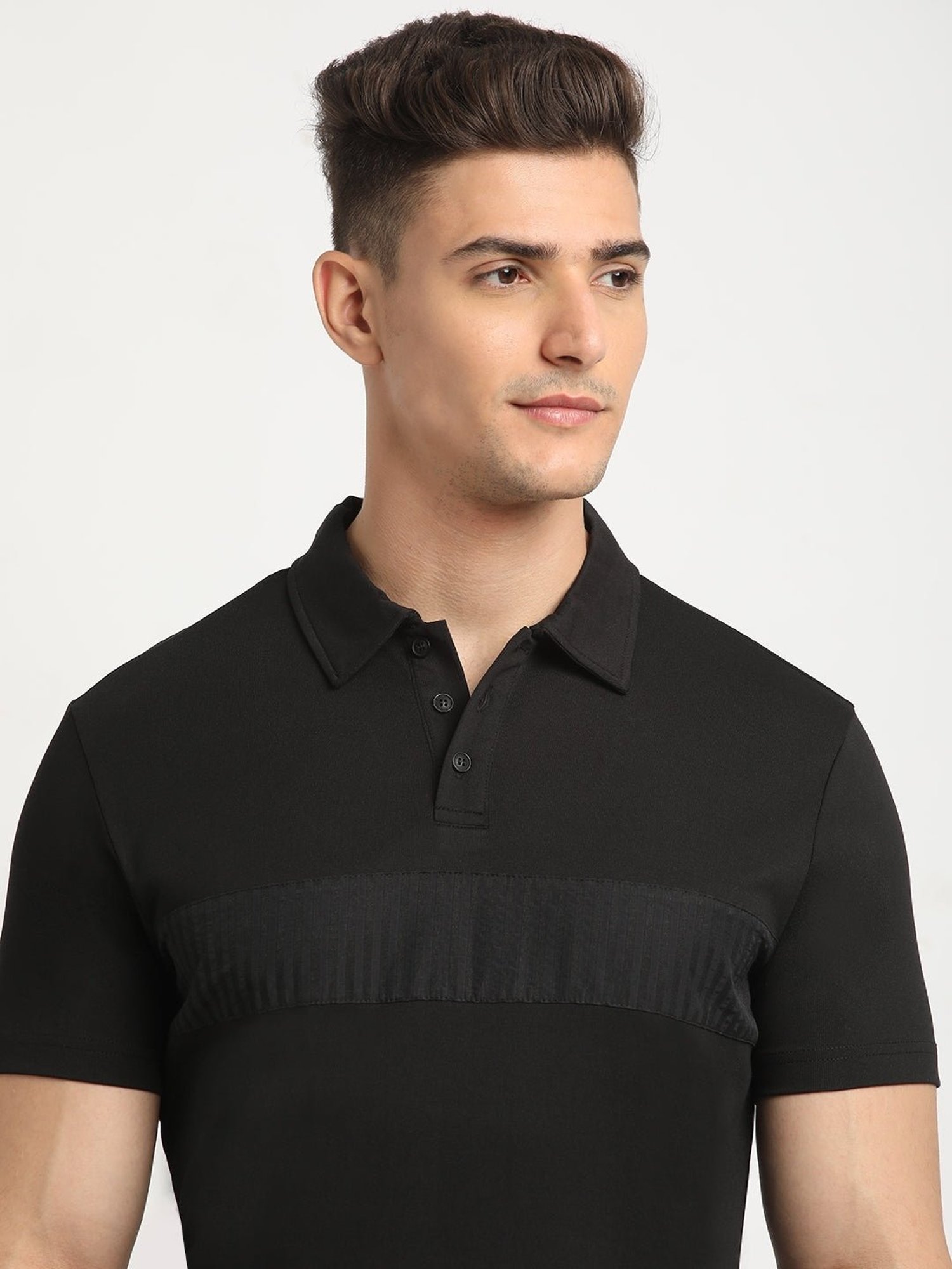 The Bear House Black Slim Fit Self Pattern Polo T-Shirt