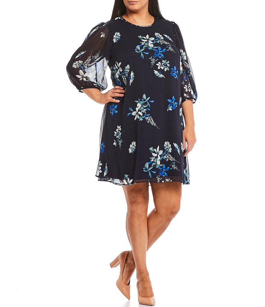 Calvin Klein Plus Size Crew Neck Floral 3/4 Balloon Sleeve Trapeze Dress