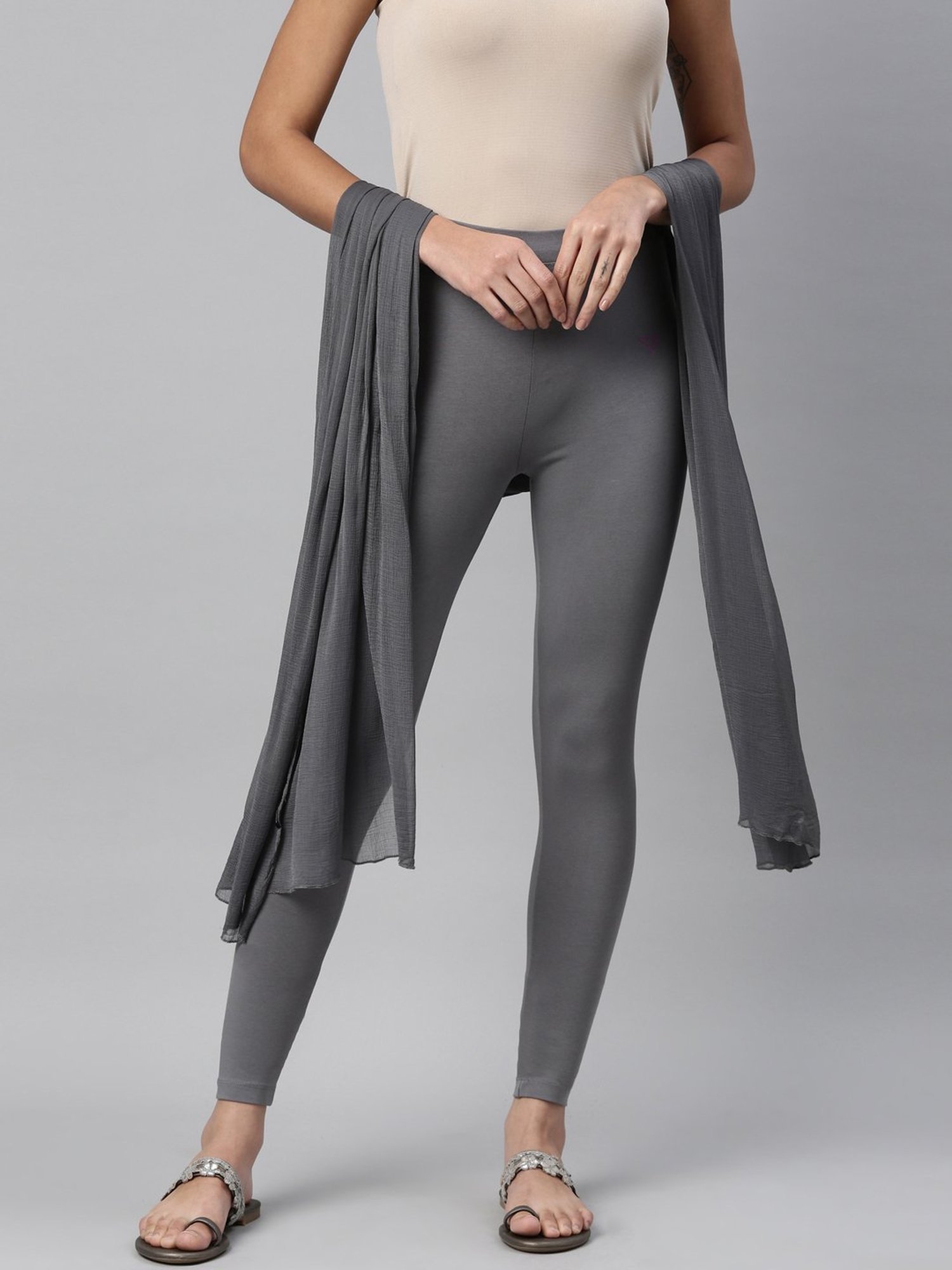 TWIN BIRDS Grey Cotton Leggings With Dupatta