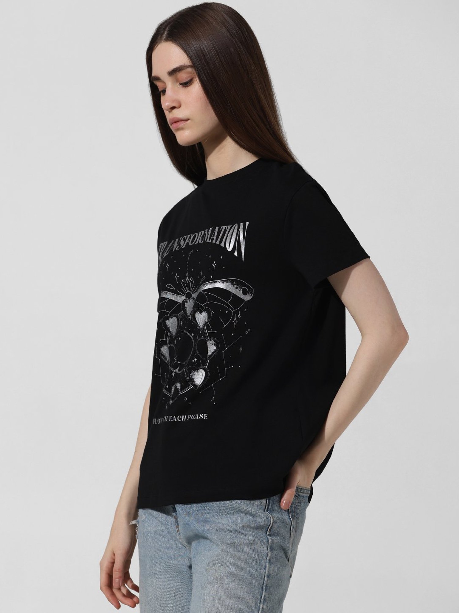 Only Black Cotton Graphic Print T-Shirt