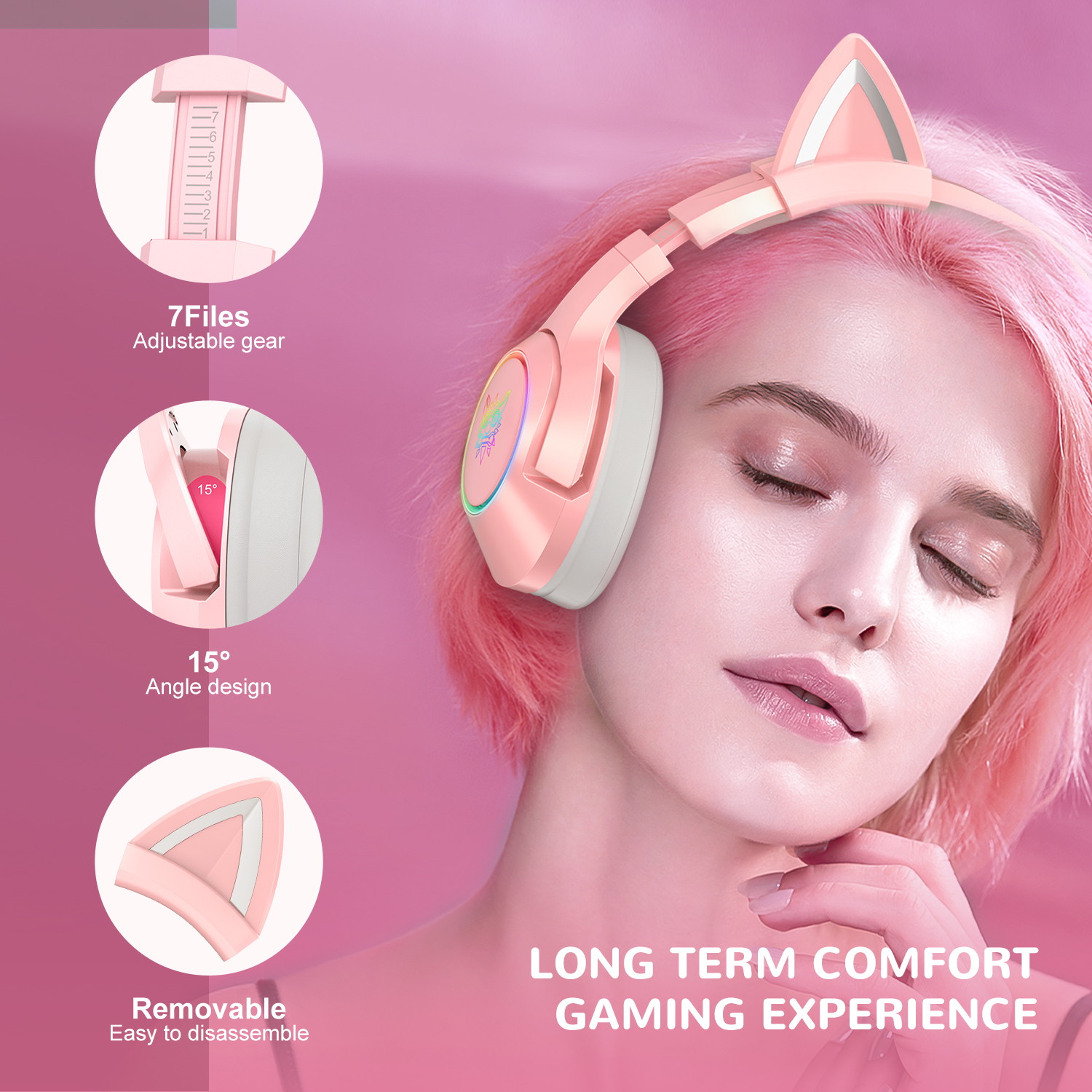 K9 Gaming Headset with Removable Cat Ears, for PS5, PS4, Nintendo Switch, PC, with Surround Sound, RGB LED Light & Noise Canceling Retractable Microphone