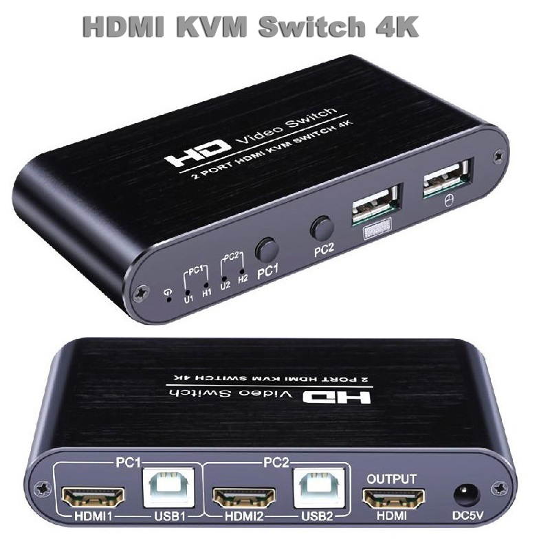 2 Port 4K HDMI KVM USB Switcher Keyboard Mouse Computer Monitor Sharing Device