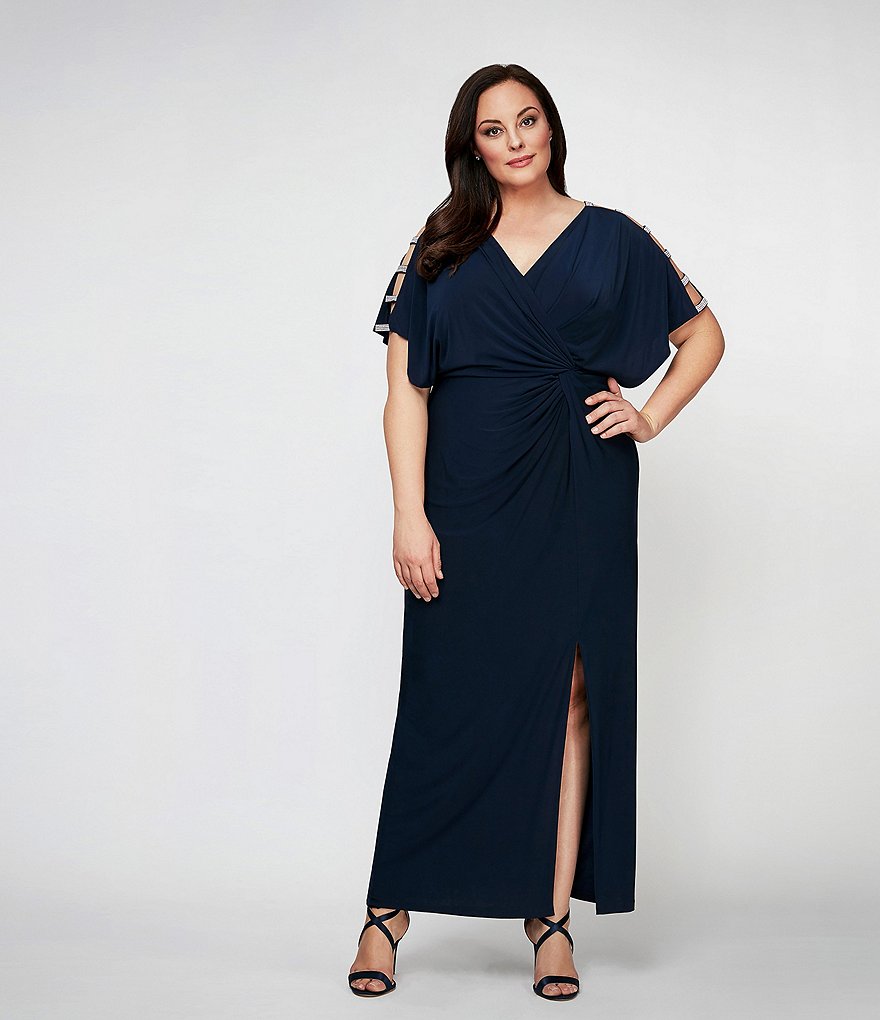 Alex Evenings Plus Size V-Neck Embellished Short Sleeve Knot Front Stretch Matte Jersey Gown