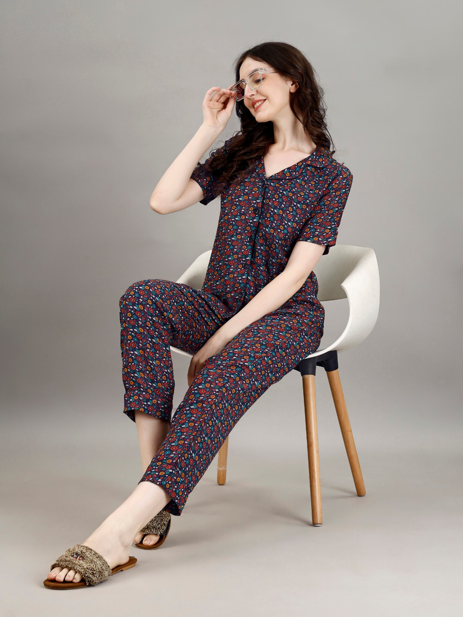 Smarty Pants Navy Floral Print Shirt With Pyjamas