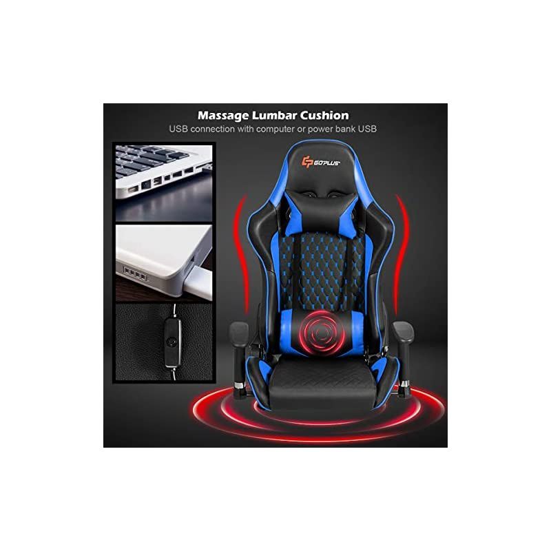 Massage Gaming Chair, Reclining Backrest Handrails and Seat Height Adjustment Racing Computer Office Chair, Ergonomic High Back Embroidered PU Swivel Game Chair with Headrest and Lumbar Cushion