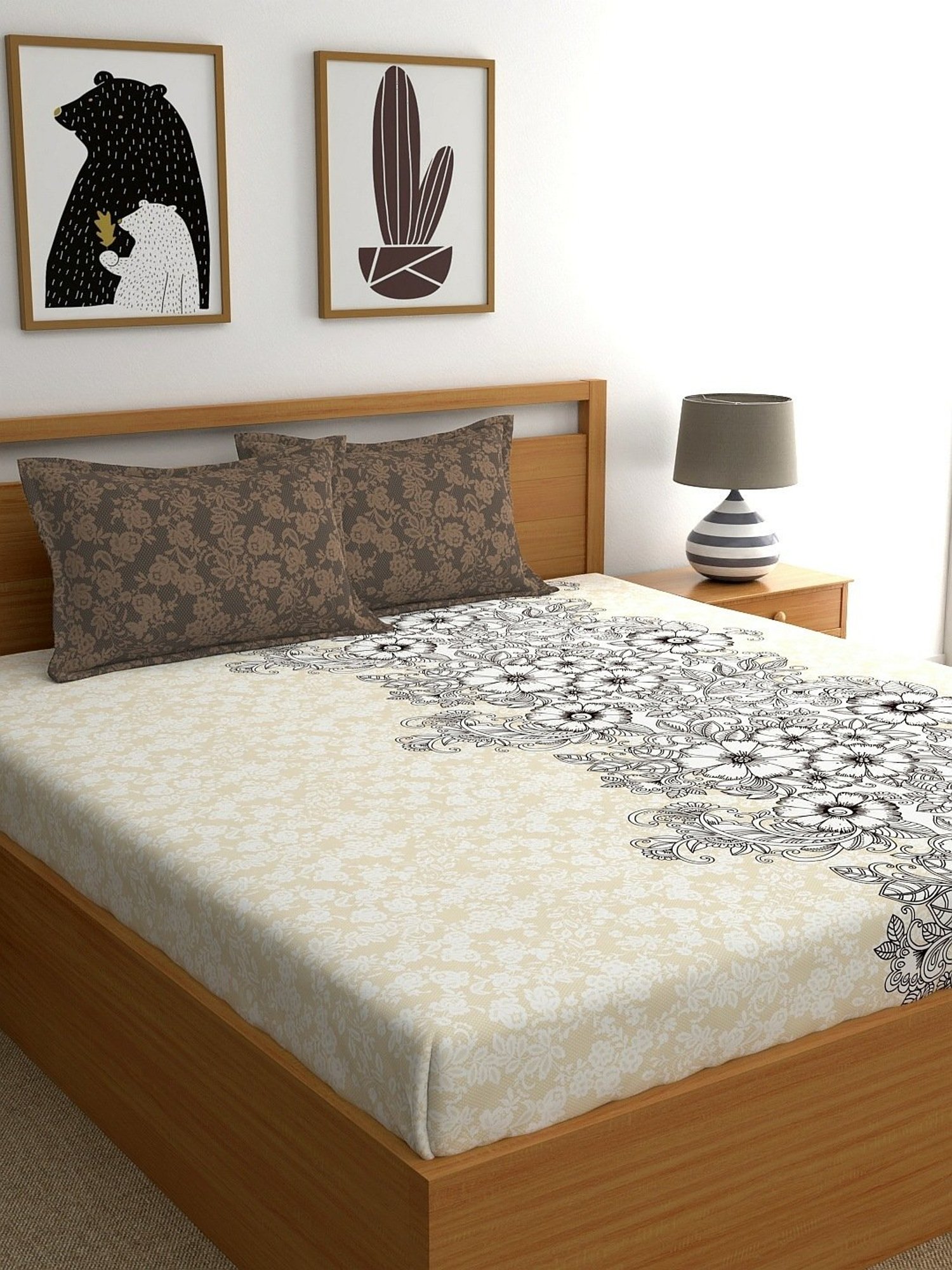 My Room Floral Brown & Beige 140 TC Cotton King Bed Sheet with 2 Pillow Covers
