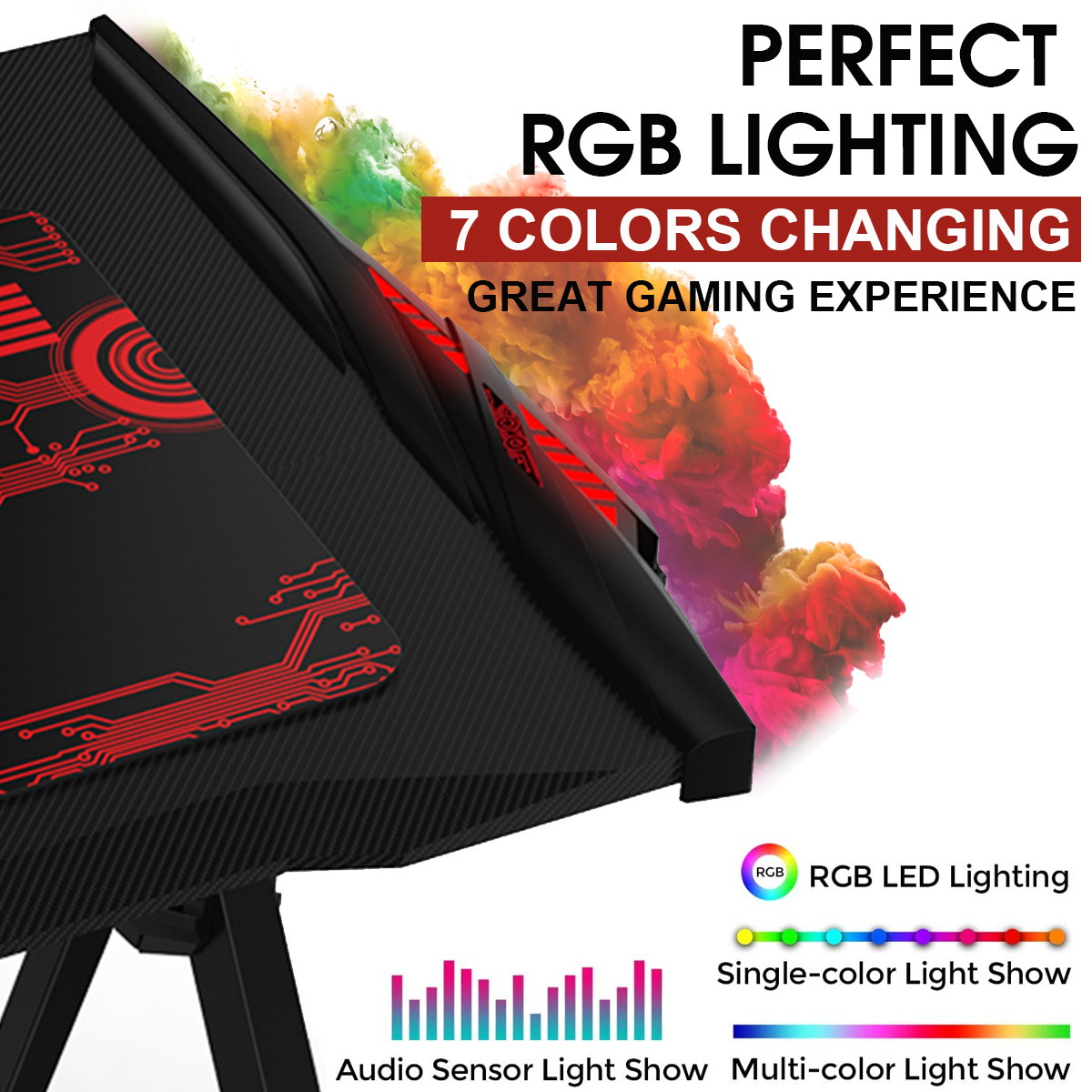 43.3" Metal Gaming Computer Desk RGB LED Lights W/ Cup Holder Headphone Hook Mouse Mat