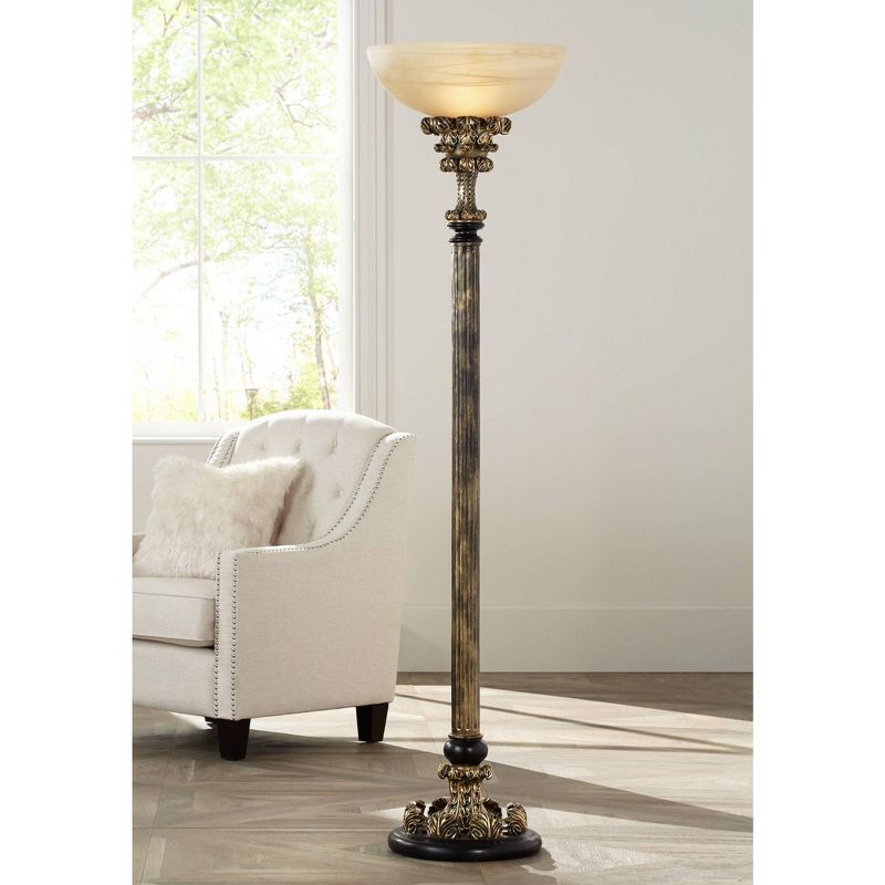 Barnes and Ivy Traditional Torchiere Antique Gold Column Amber Glass Shade Foot Dimmer for Living Room Bedroom Office Uplight
