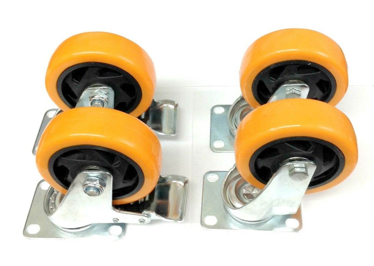(4) Heavy Duty 4" Polyurethane Swivel Plate Wheels Two with Locking Brake