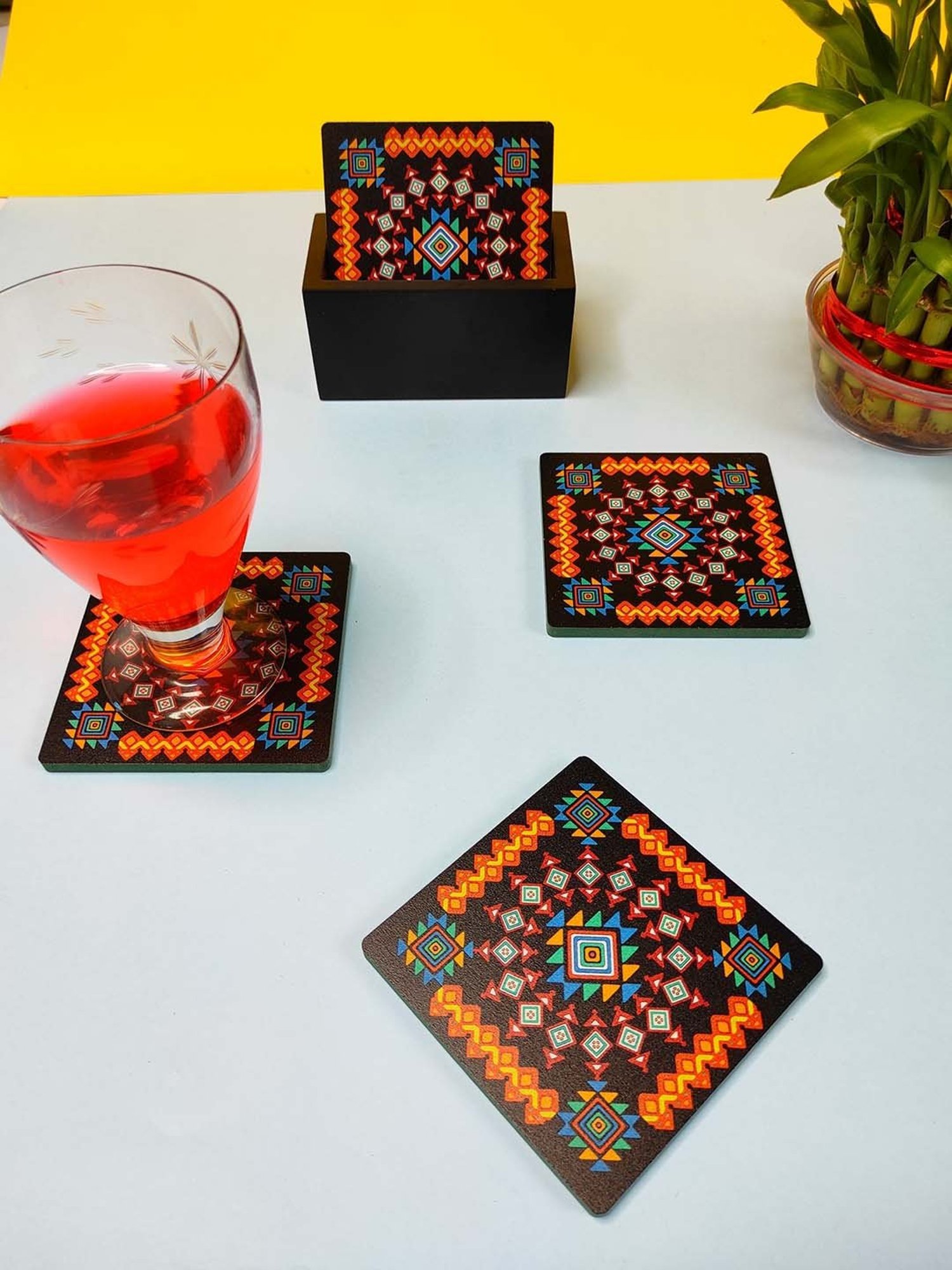 Crayton Black Wooden Geometric Printed Square Coasters with Holder - Set of 6
