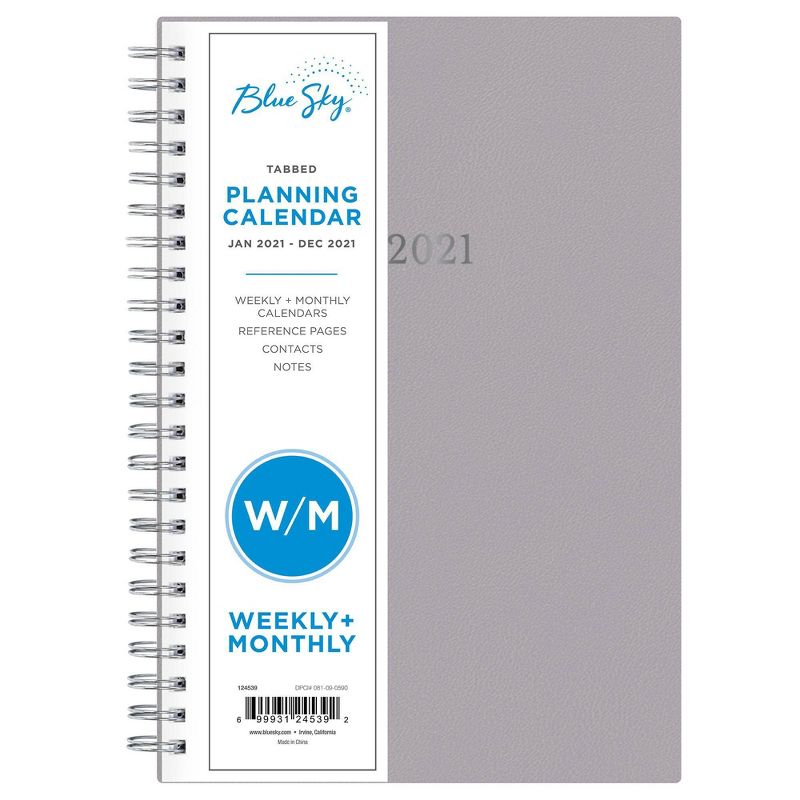 2021 Planner 5" x 8" Faux Leather Hard Cover Weekly/Monthly Wirebound Gray - Blue Sky
